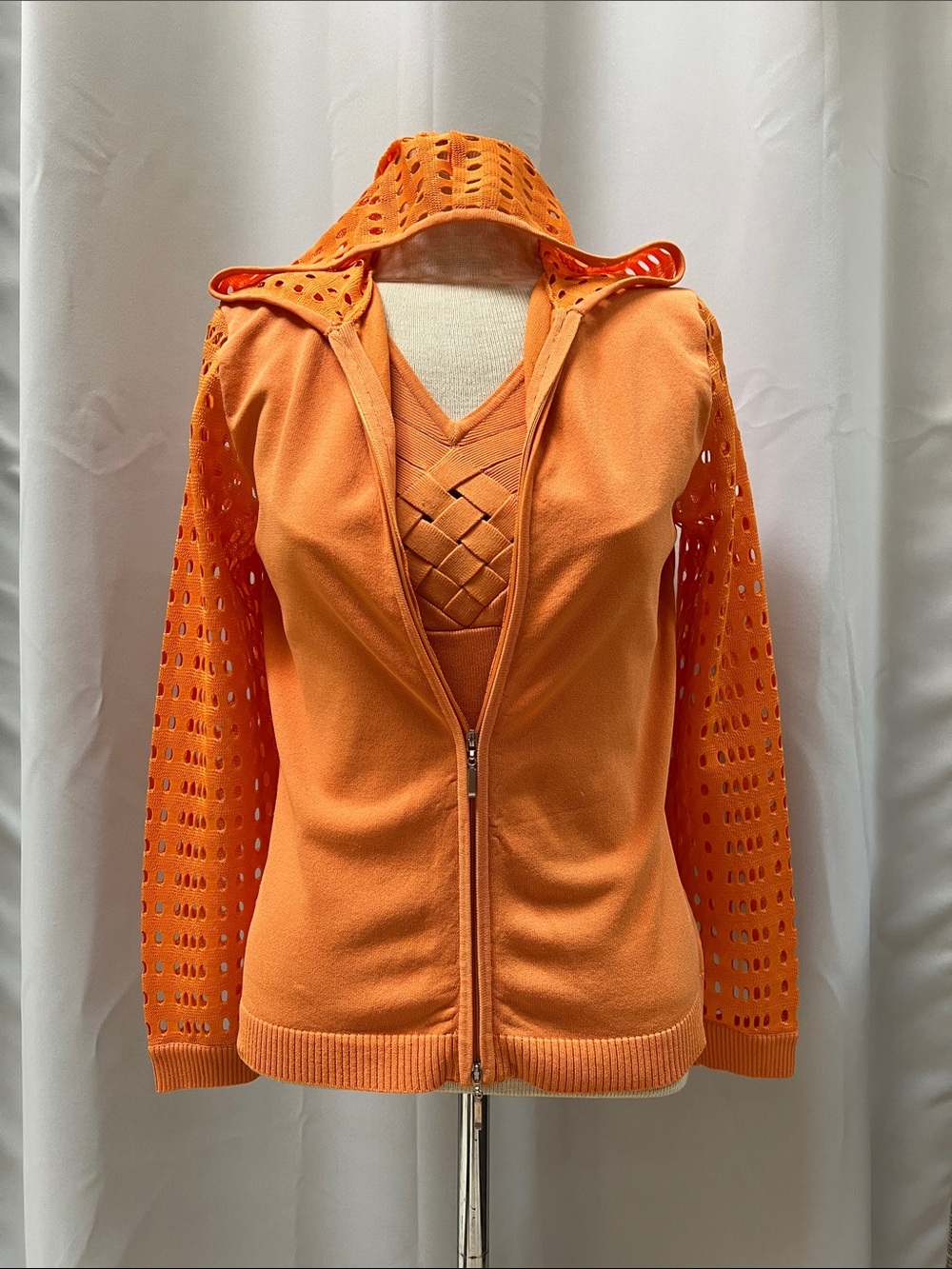 Orange Hooded Zip Sweater with Laser-Cut Sleeves and Matching Tank